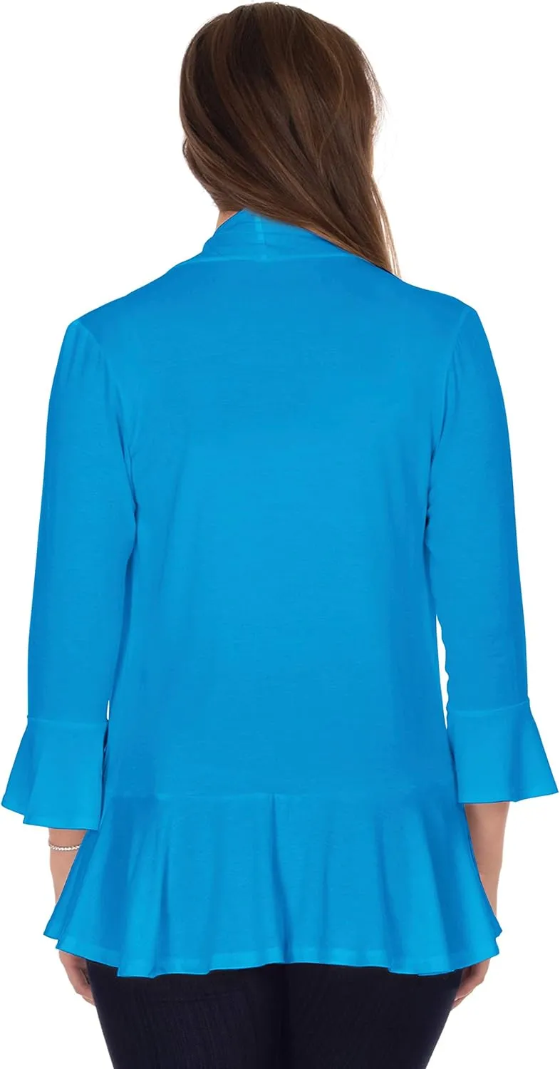 DFF Shop Women's 3/4 Length Flare Sleeve Ruffles Hem Open Cardigan (Size: S-5X)
