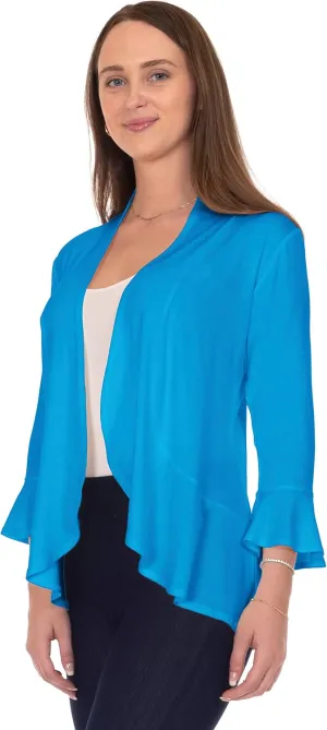 DFF Shop Women's 3/4 Length Flare Sleeve Ruffles Hem Open Cardigan (Size: S-5X)