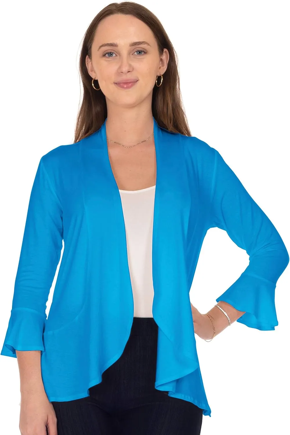 DFF Shop Women's 3/4 Length Flare Sleeve Ruffles Hem Open Cardigan (Size: S-5X)