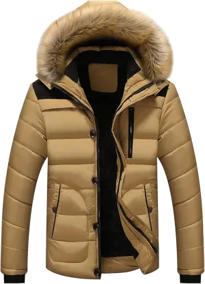 DGKaxiyaHM Men's Waterproof Padded Jacket With Hooded Thicken Warm Ski Down Coat Casual Windproof Cotton-Padded Jacket (Medium,Khaki)