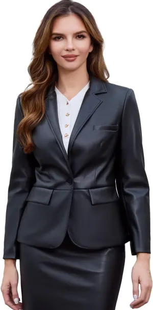 DIASHINY Women's Faux Leather Blazer Oversized Vintage Lapel Button Down Fashion Leather Jacket