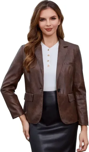 DIASHINY Women's Faux Leather Blazer Oversized Vintage Lapel Button Down Fashion Leather Jacket