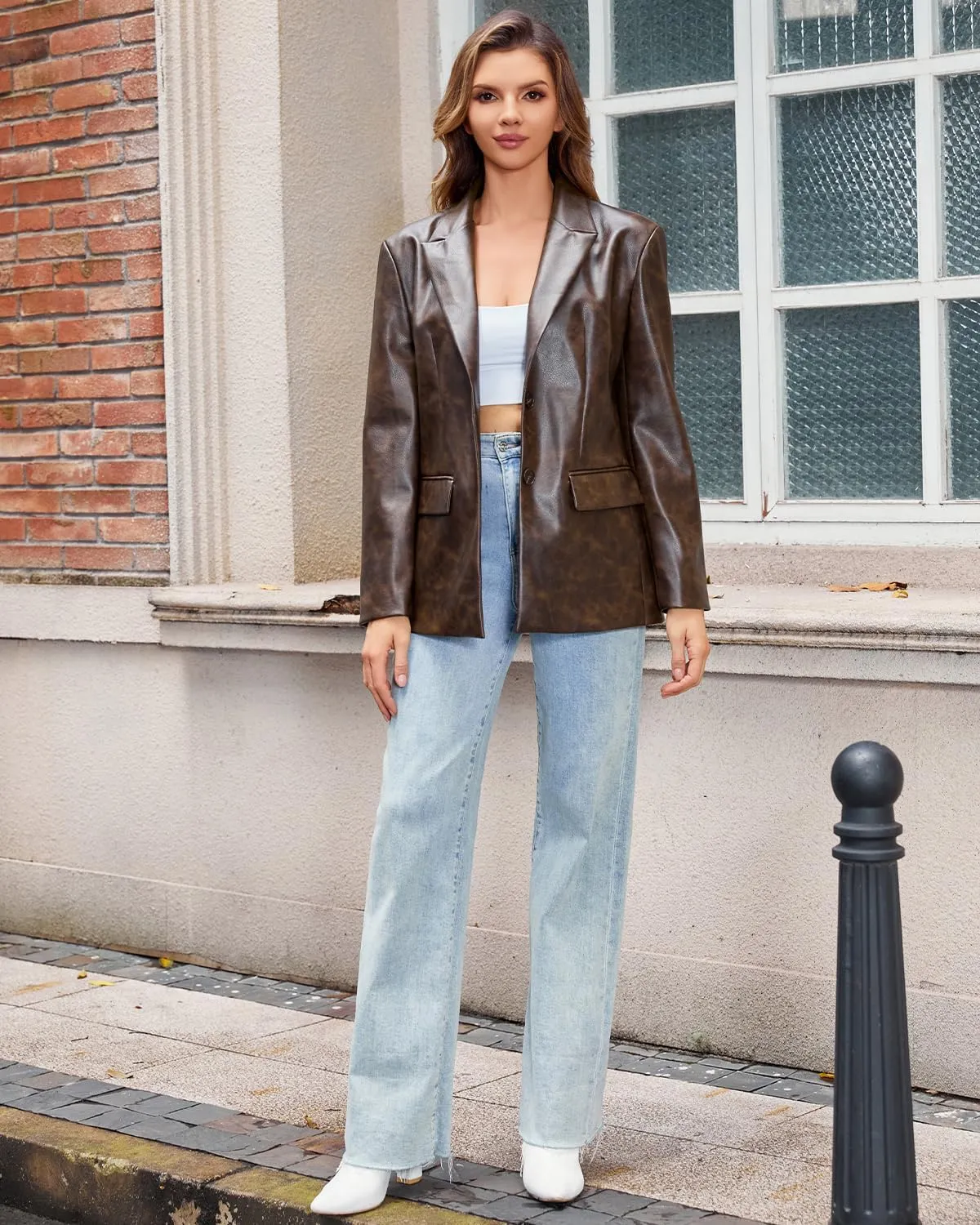 DIASHINY Women's Faux Leather Blazer Oversized Vintage Lapel Button Down Fashion Leather Jacket