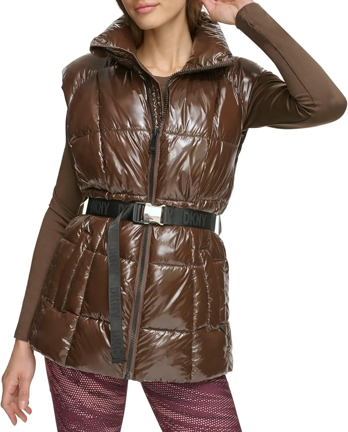 DKNY Women's Performance Puffer Vest Belted Wet Sire