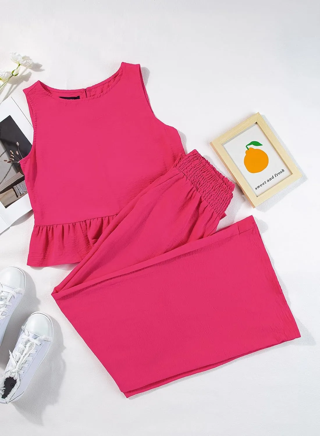 Dokotoo Pants Sets Women 2 Piece Outfits Sleeveless Round Neck Tank Tops Matching Sets for Women Elastic Waist Wide Leg