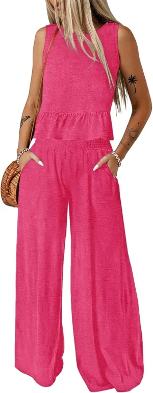 Dokotoo Pants Sets Women 2 Piece Outfits Sleeveless Round Neck Tank Tops Matching Sets for Women Elastic Waist Wide Leg