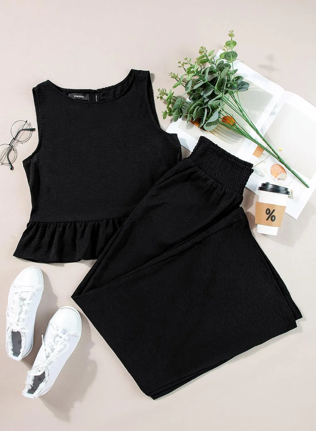 Dokotoo Pants Sets Women 2 Piece Outfits Sleeveless Round Neck Tank Tops Matching Sets for Women Elastic Waist Wide Leg