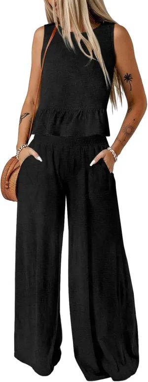 Dokotoo Pants Sets Women 2 Piece Outfits Sleeveless Round Neck Tank Tops Matching Sets for Women Elastic Waist Wide Leg
