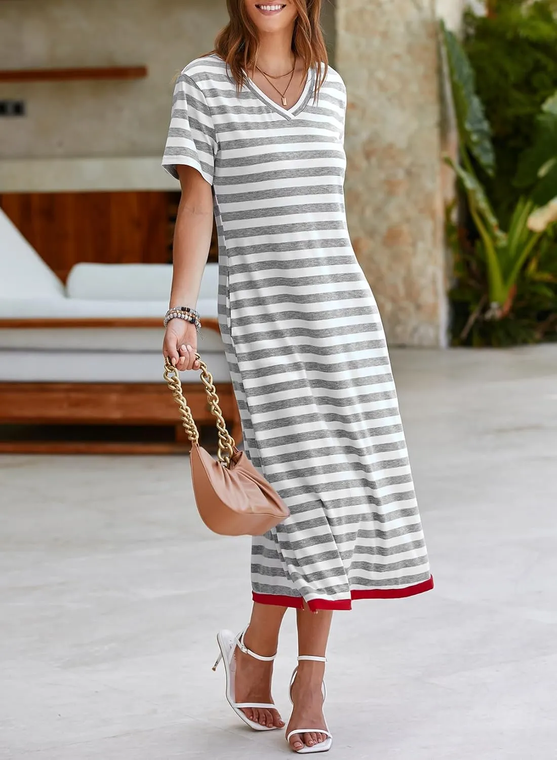 Dokotoo Summer Dress Casual Womens Fashion Short Sleeve Maxi Dress T Shirt Dress Striped Long Color Block Maxi Dress