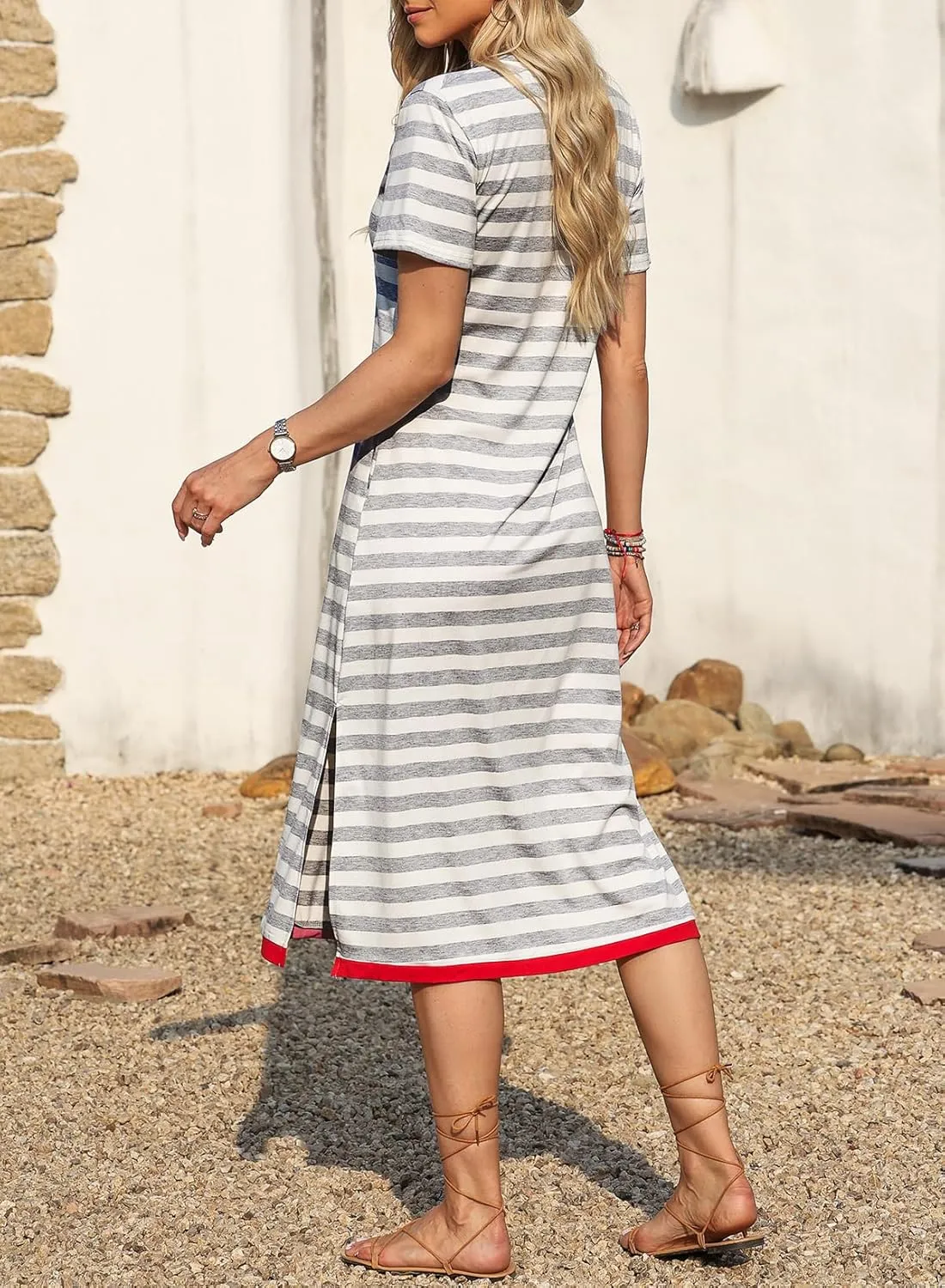 Dokotoo Summer Dress Casual Womens Fashion Short Sleeve Maxi Dress T Shirt Dress Striped Long Color Block Maxi Dress