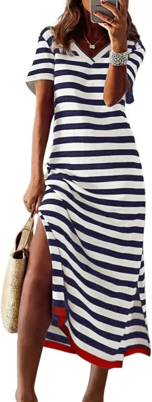 Dokotoo Summer Dress Casual Womens Fashion Short Sleeve Maxi Dress T Shirt Dress Striped Long Color Block Maxi Dress