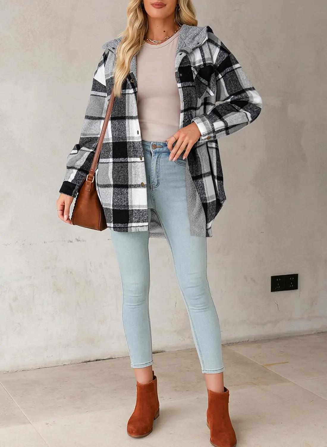 Dokotoo Women's Flannel Hooded Plaid 2024 Shacket Thick Coat Winter Coat for Warmth Button down Warm and Fuzzy Fleece Jacket