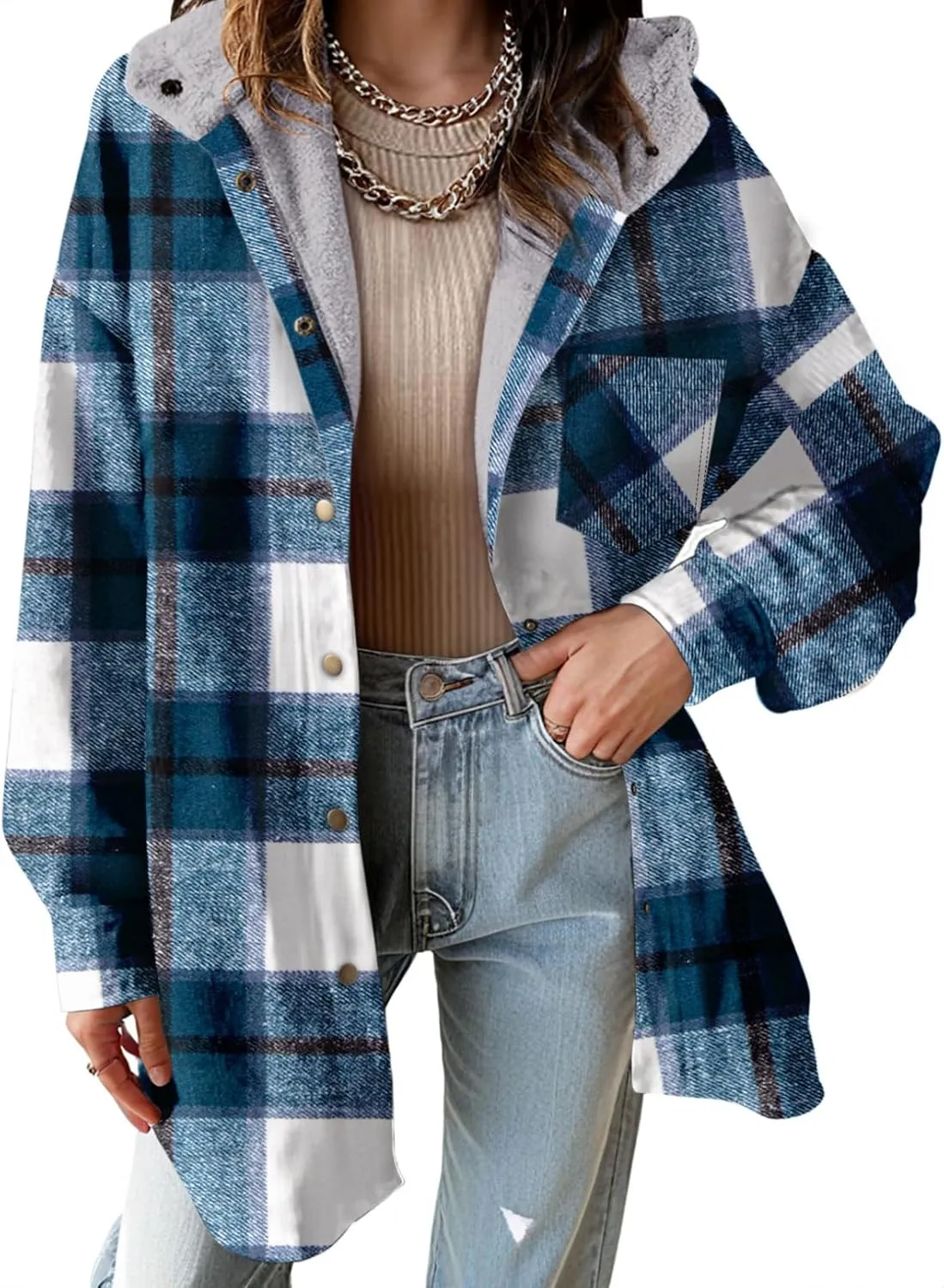 Dokotoo Women's Flannel Hooded Plaid 2024 Shacket Thick Coat Winter Coat for Warmth Button down Warm and Fuzzy Fleece Jacket