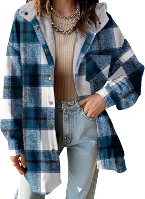 Dokotoo Women's Flannel Hooded Plaid 2024 Shacket Thick Coat Winter Coat for Warmth Button down Warm and Fuzzy Fleece Jacket