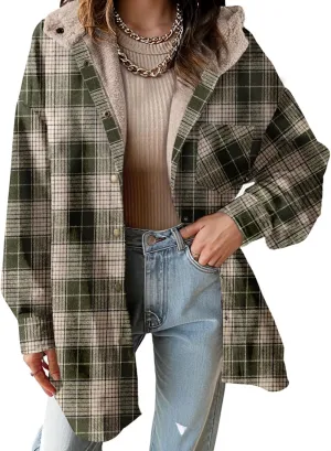 Dokotoo Women's Flannel Hooded Plaid 2024 Shacket Thick Coat Winter Coat for Warmth Button down Warm and Fuzzy Fleece Jacket