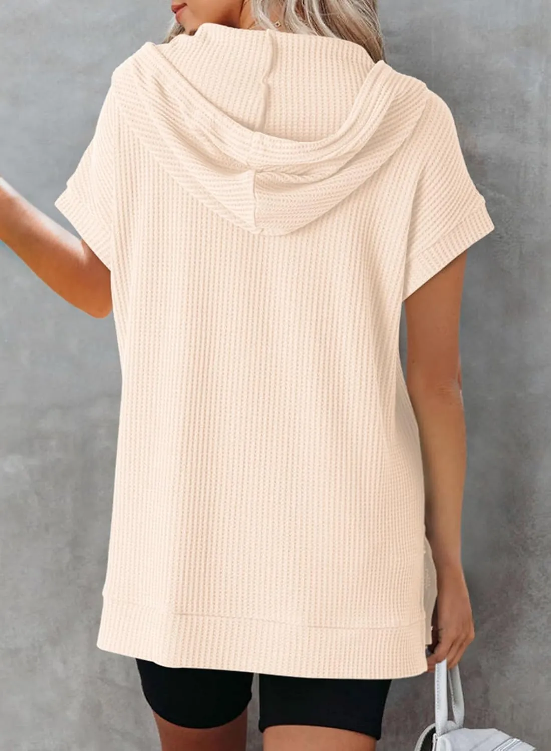 Dokotoo Womens Summer Oversized Shirts 2025 Short Sleeve Drawstring Hoodies Waffle Knit Side Slit Tunic Tops with Pocket