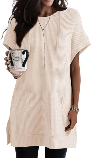 Dokotoo Womens Summer Oversized Shirts 2025 Short Sleeve Drawstring Hoodies Waffle Knit Side Slit Tunic Tops with Pocket