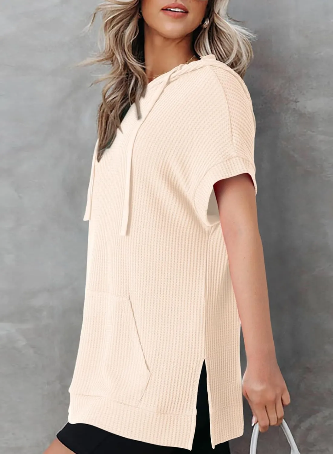 Dokotoo Womens Summer Oversized Shirts 2025 Short Sleeve Drawstring Hoodies Waffle Knit Side Slit Tunic Tops with Pocket