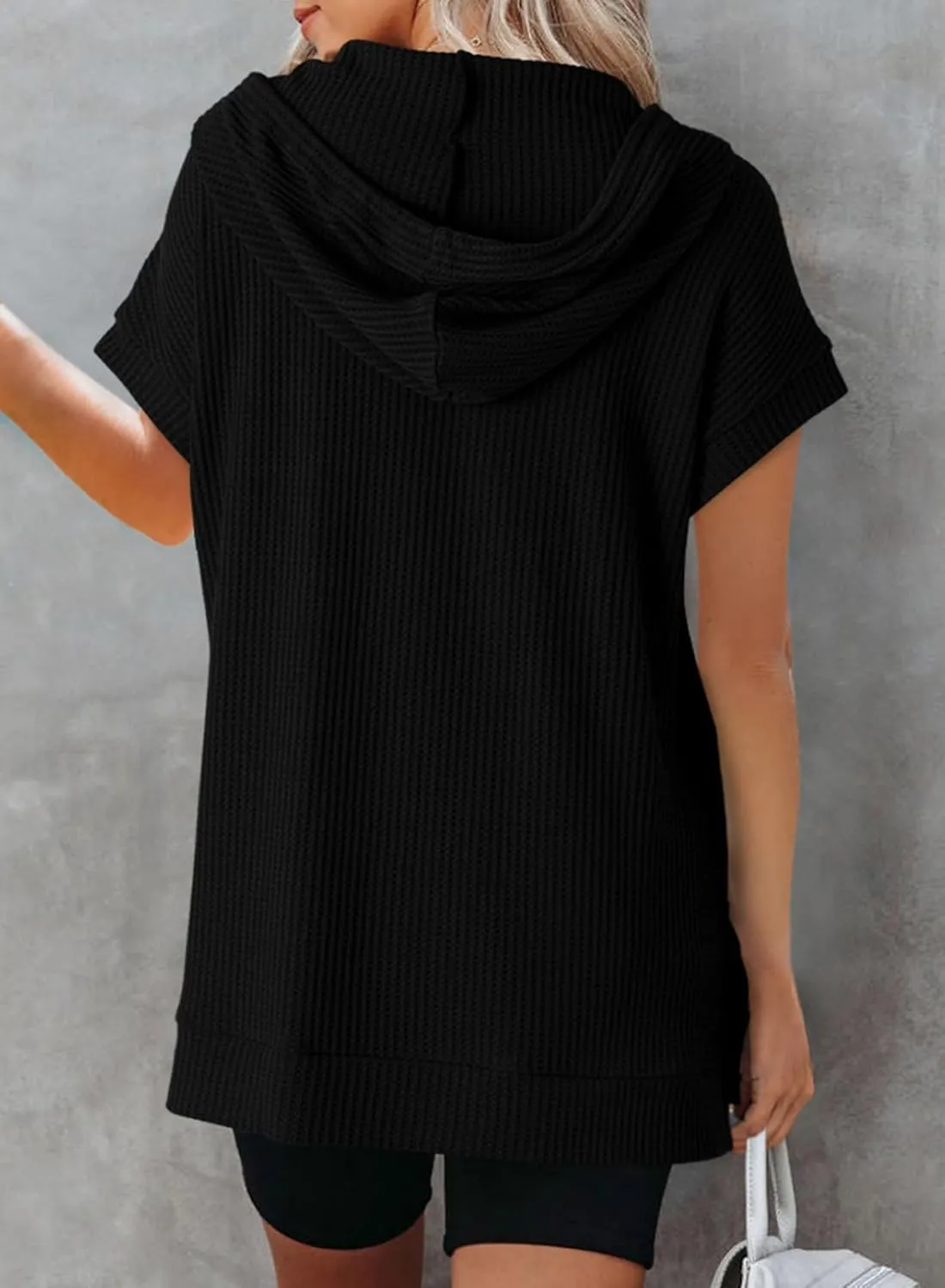 Dokotoo Womens Summer Oversized Shirts 2025 Short Sleeve Drawstring Hoodies Waffle Knit Side Slit Tunic Tops with Pocket