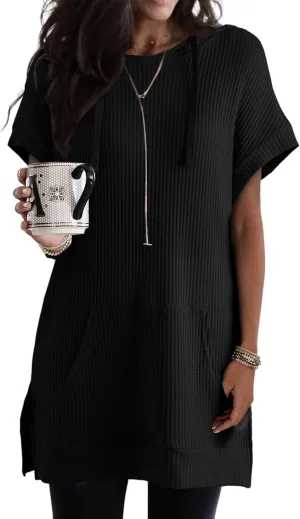 Dokotoo Womens Summer Oversized Shirts 2025 Short Sleeve Drawstring Hoodies Waffle Knit Side Slit Tunic Tops with Pocket
