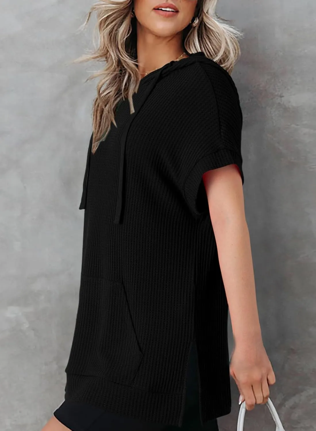 Dokotoo Womens Summer Oversized Shirts 2025 Short Sleeve Drawstring Hoodies Waffle Knit Side Slit Tunic Tops with Pocket
