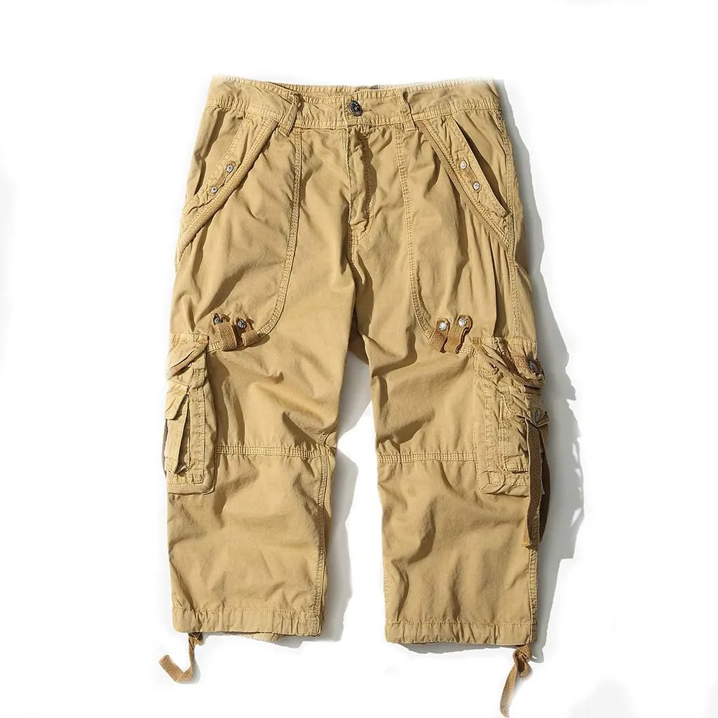 DONGD Mens Cargo Shorts Cotton 3/4 Loose Fit Below Knee Capri Cargo Short
