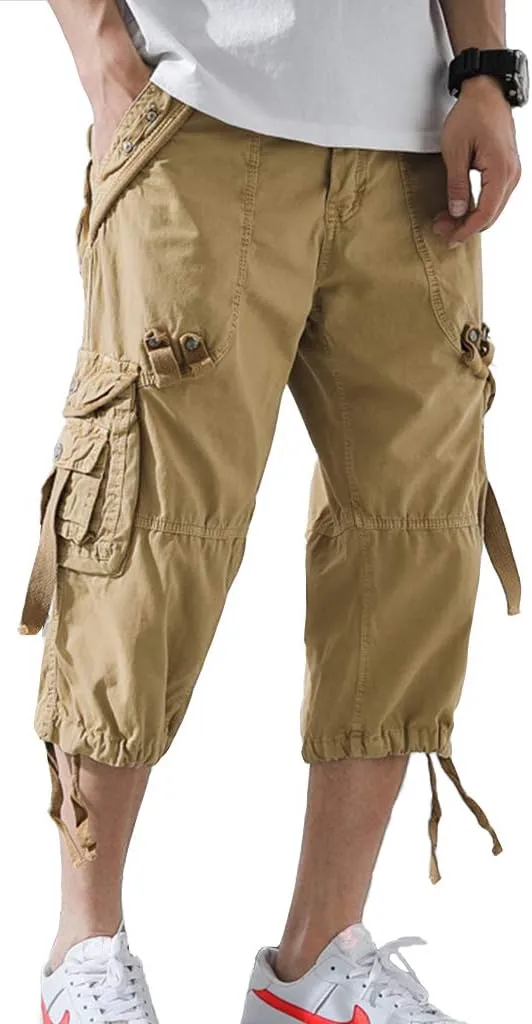 DONGD Mens Cargo Shorts Cotton 3/4 Loose Fit Below Knee Capri Cargo Short
