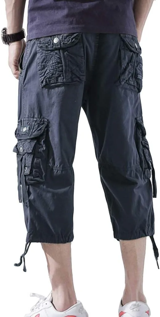 DONGD Mens Cargo Shorts Cotton 3/4 Loose Fit Below Knee Capri Cargo Short