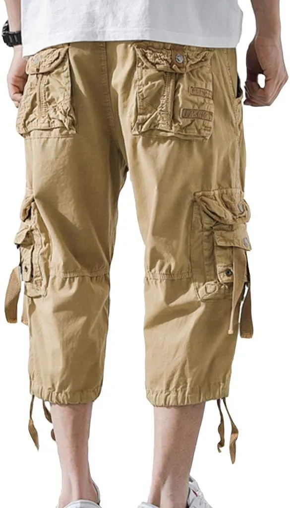 DONGD Mens Cargo Shorts Cotton 3/4 Loose Fit Below Knee Capri Cargo Short