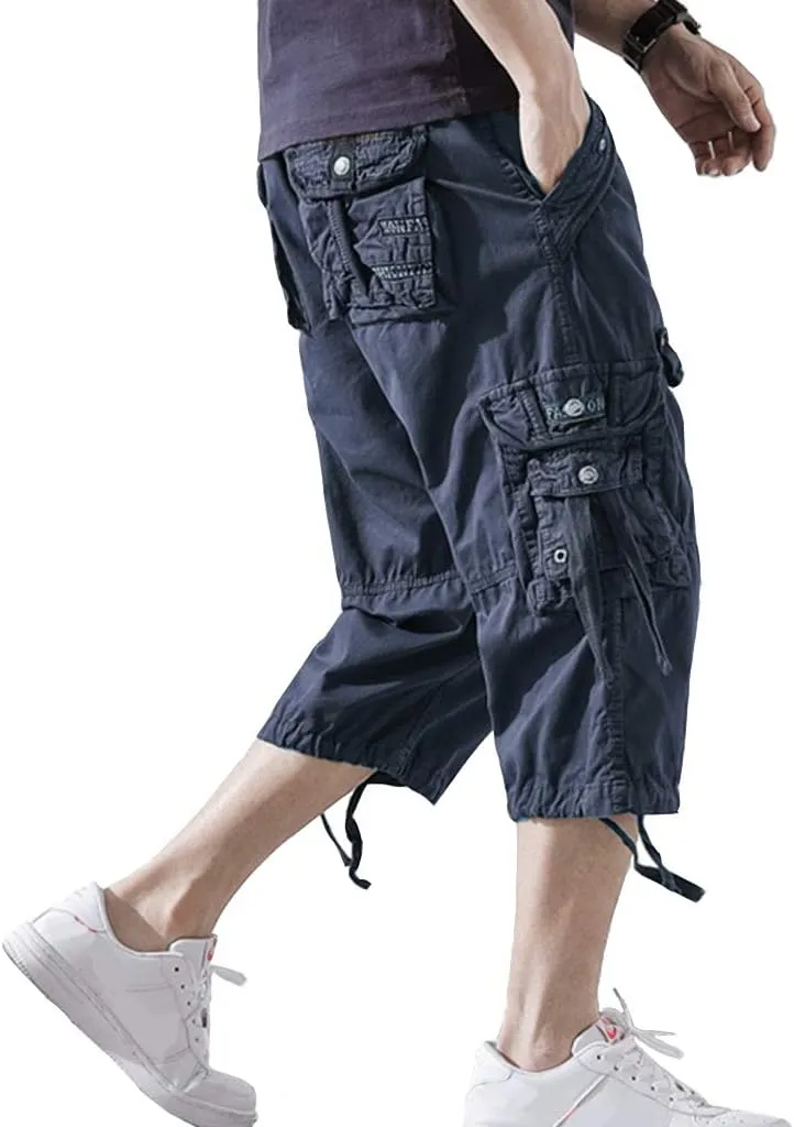 DONGD Mens Cargo Shorts Cotton 3/4 Loose Fit Below Knee Capri Cargo Short