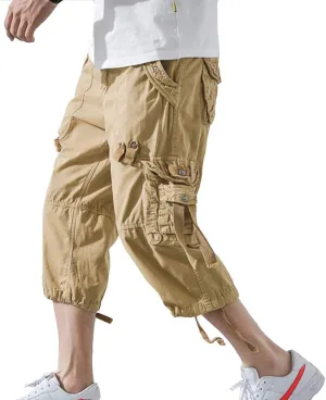 DONGD Mens Cargo Shorts Cotton 3/4 Loose Fit Below Knee Capri Cargo Short