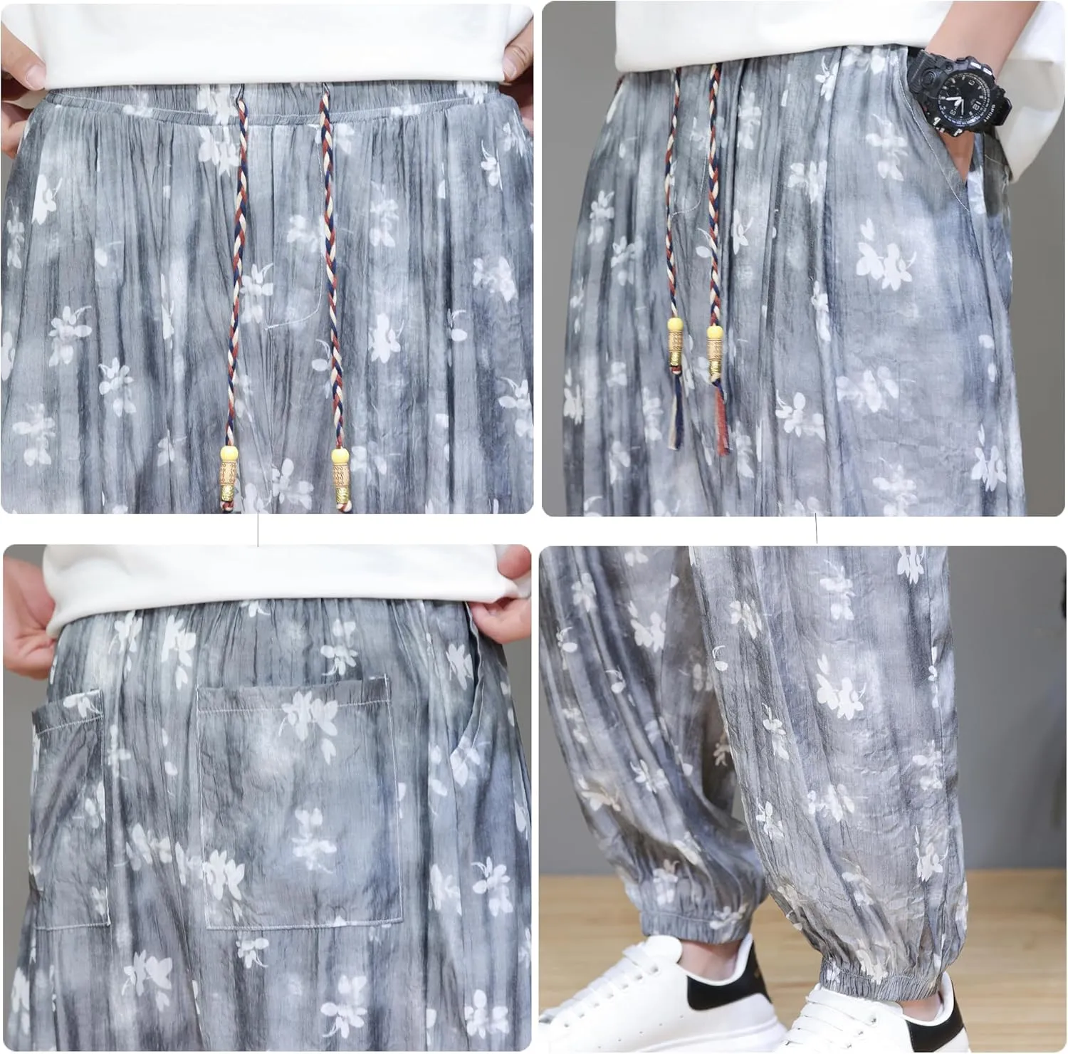 DOSLAVIDA Men's Linen Harem Pants Lightweight Elastic Waist Yoga Pants Casual Summer Beach Trouser with Pockets