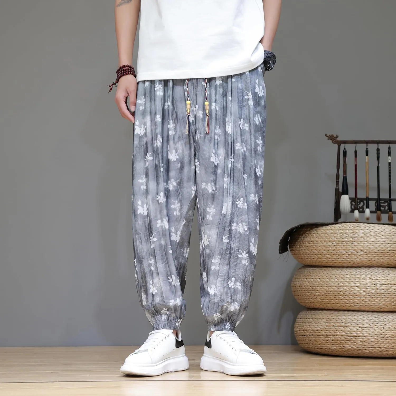 DOSLAVIDA Men's Linen Harem Pants Lightweight Elastic Waist Yoga Pants Casual Summer Beach Trouser with Pockets