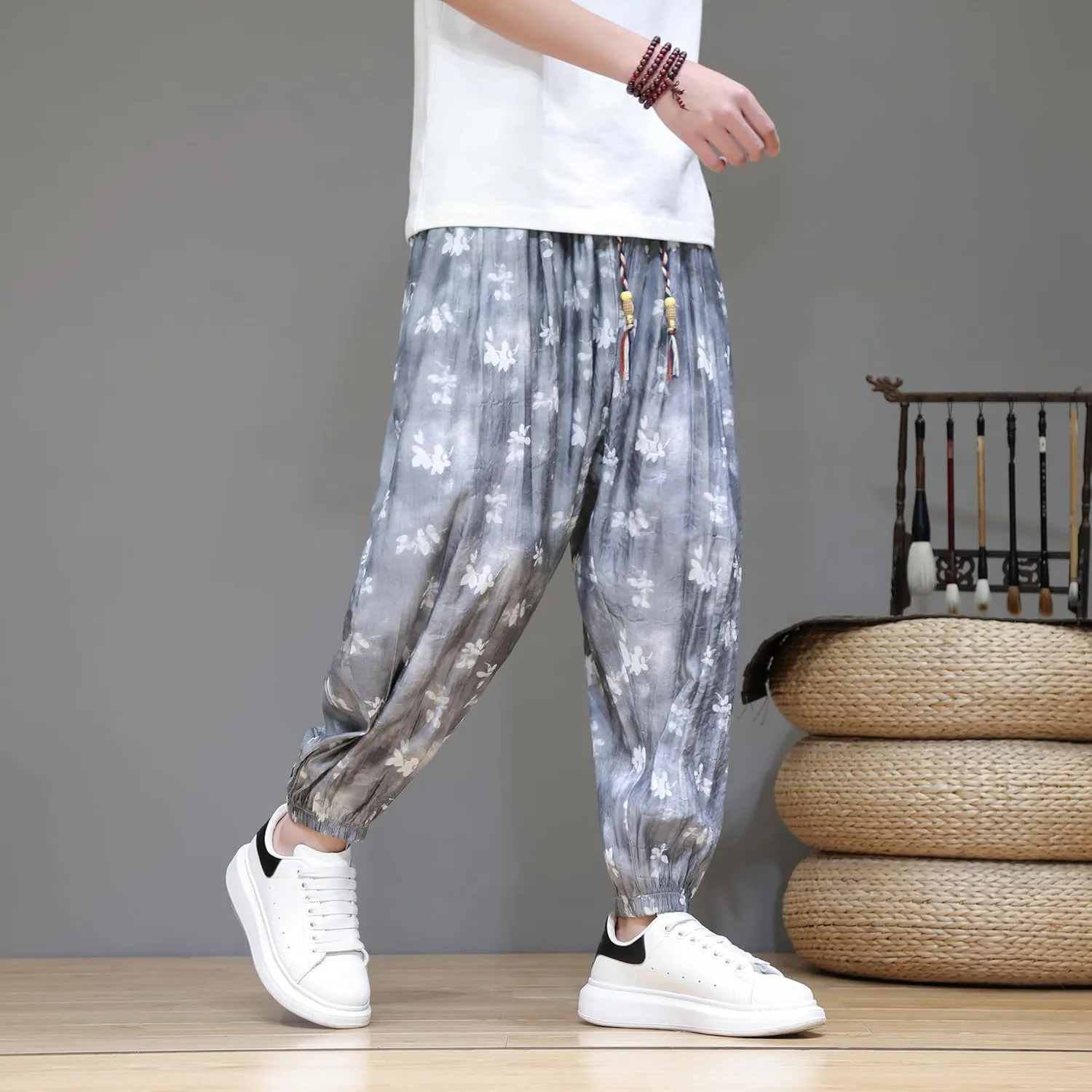 DOSLAVIDA Men's Linen Harem Pants Lightweight Elastic Waist Yoga Pants Casual Summer Beach Trouser with Pockets