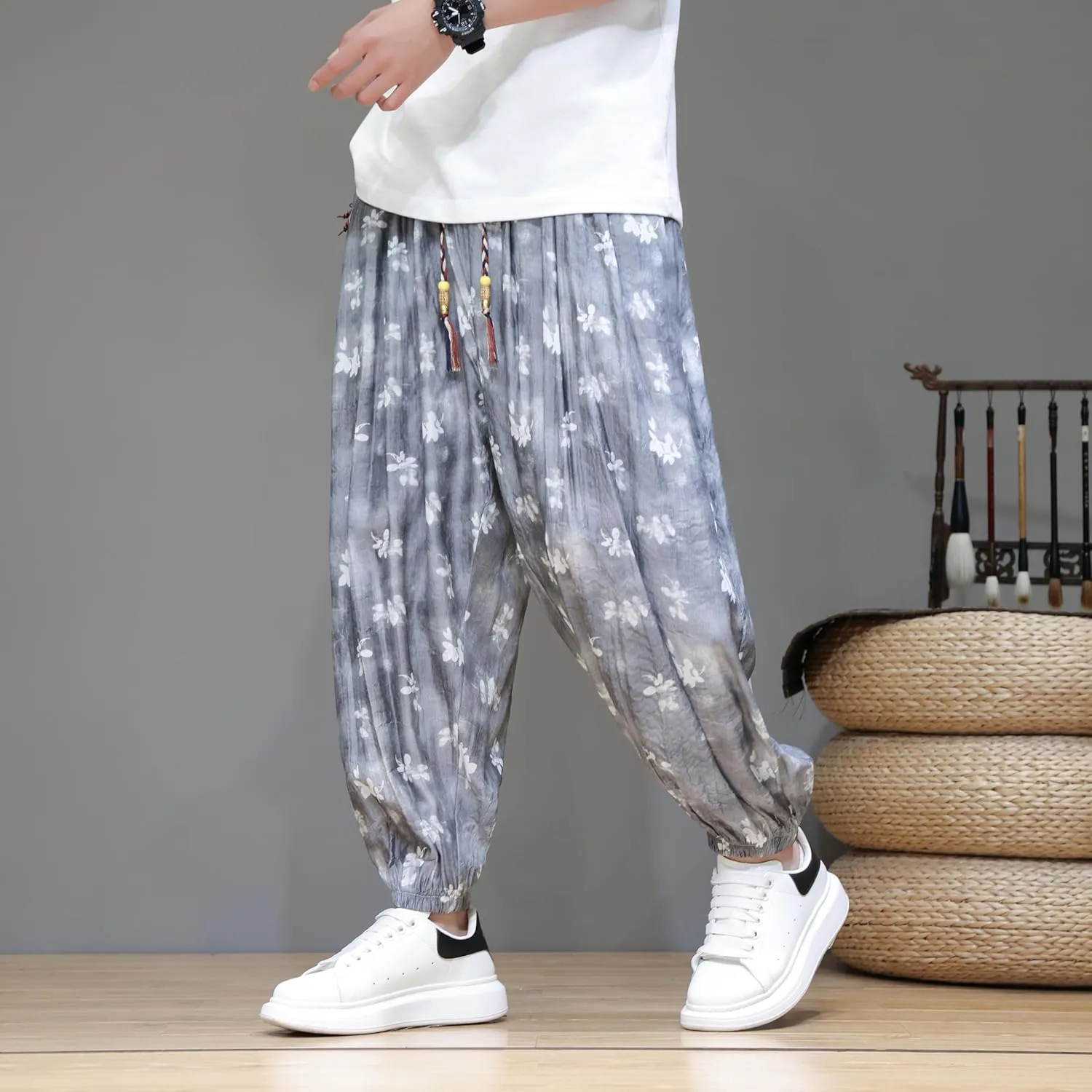 DOSLAVIDA Men's Linen Harem Pants Lightweight Elastic Waist Yoga Pants Casual Summer Beach Trouser with Pockets