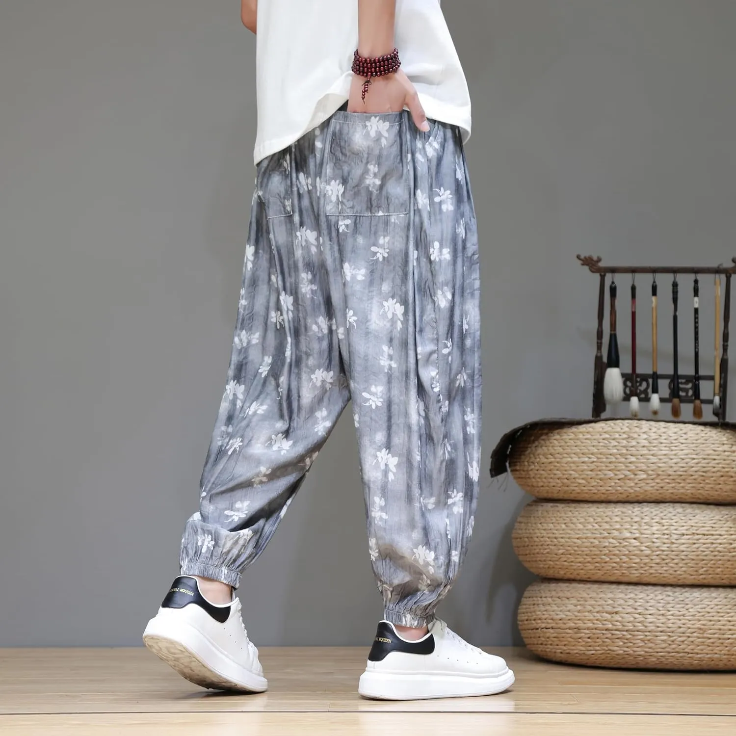 DOSLAVIDA Men's Linen Harem Pants Lightweight Elastic Waist Yoga Pants Casual Summer Beach Trouser with Pockets