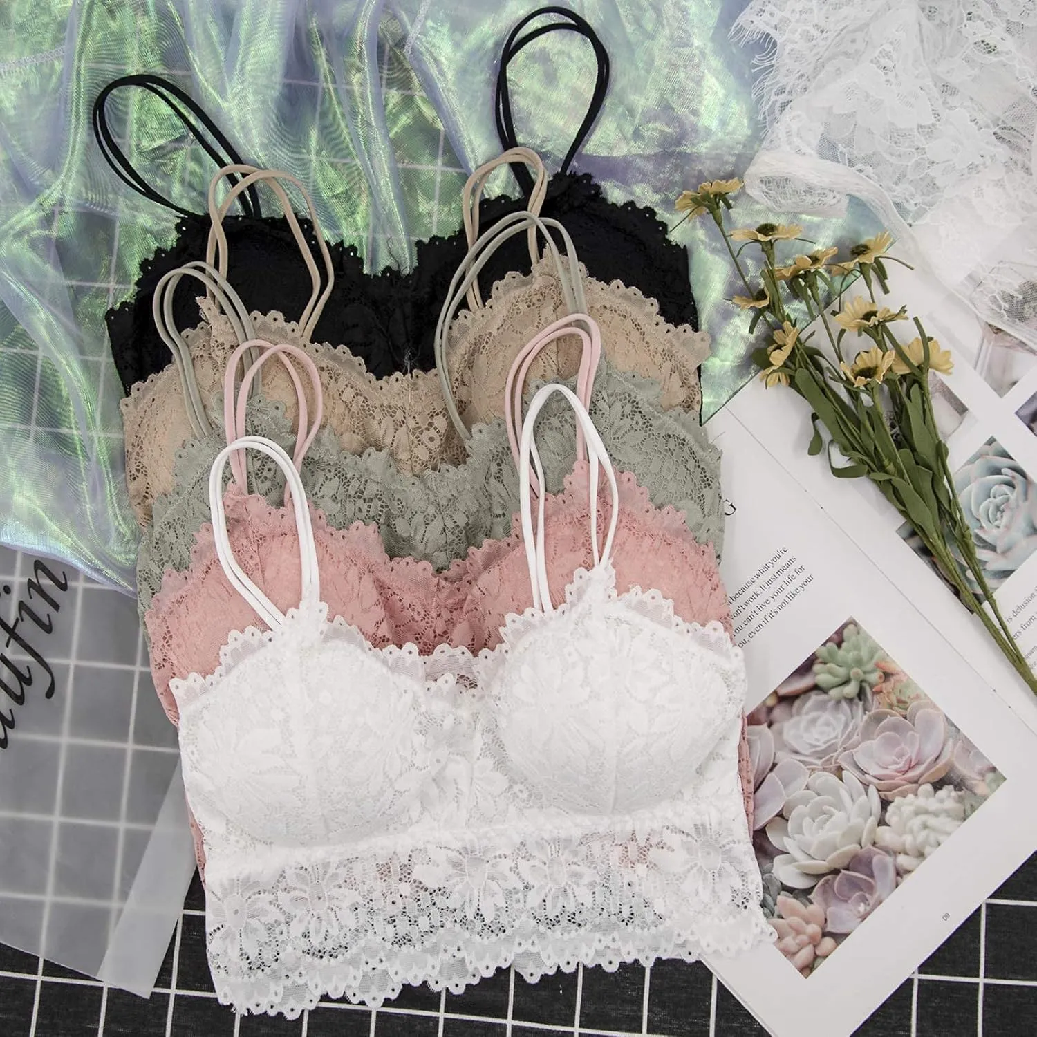 Duufin 5 Pcs Lace Bralettes for Women Bralette Padded Lace Bandeau Bra