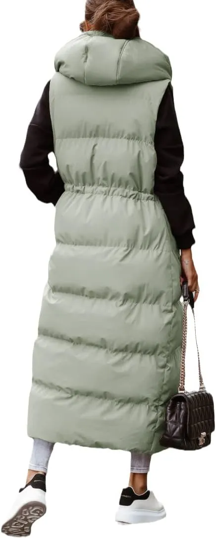 ebossy Women's Winter Warm Hooded Down Puffer Jacket Vest Sleeveless Cotton Padded Quilted Thicken Long Coat