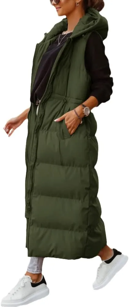 ebossy Women's Winter Warm Hooded Down Puffer Jacket Vest Sleeveless Cotton Padded Quilted Thicken Long Coat