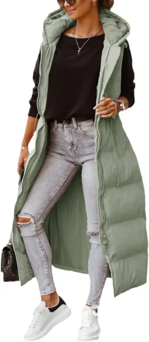 ebossy Women's Winter Warm Hooded Down Puffer Jacket Vest Sleeveless Cotton Padded Quilted Thicken Long Coat