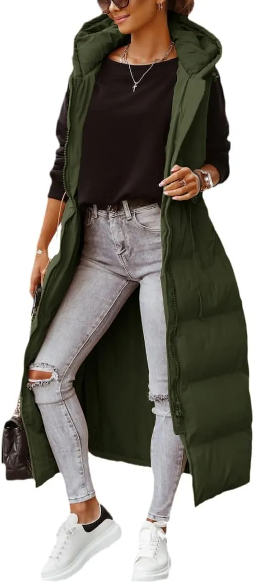 ebossy Women's Winter Warm Hooded Down Puffer Jacket Vest Sleeveless Cotton Padded Quilted Thicken Long Coat