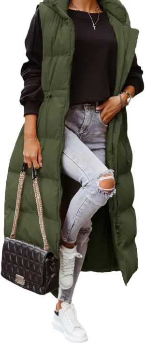 ebossy Women's Winter Warm Hooded Down Puffer Jacket Vest Sleeveless Cotton Padded Quilted Thicken Long Coat