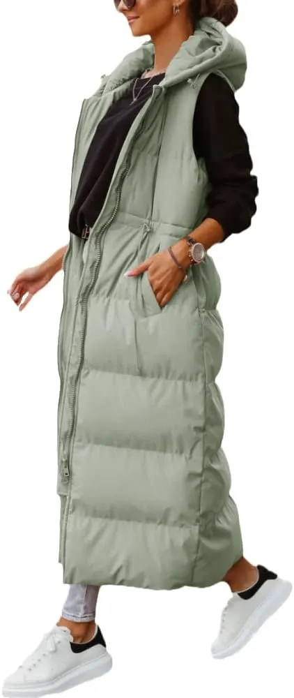 ebossy Women's Winter Warm Hooded Down Puffer Jacket Vest Sleeveless Cotton Padded Quilted Thicken Long Coat
