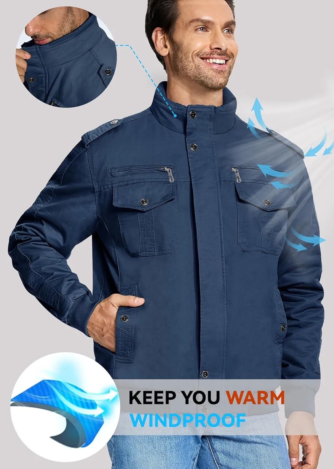 EKLENTSON Men's Thick Thermal Winter Jacket with Multi Pockets Zip Front Fleece Lined Military Jacket for Men