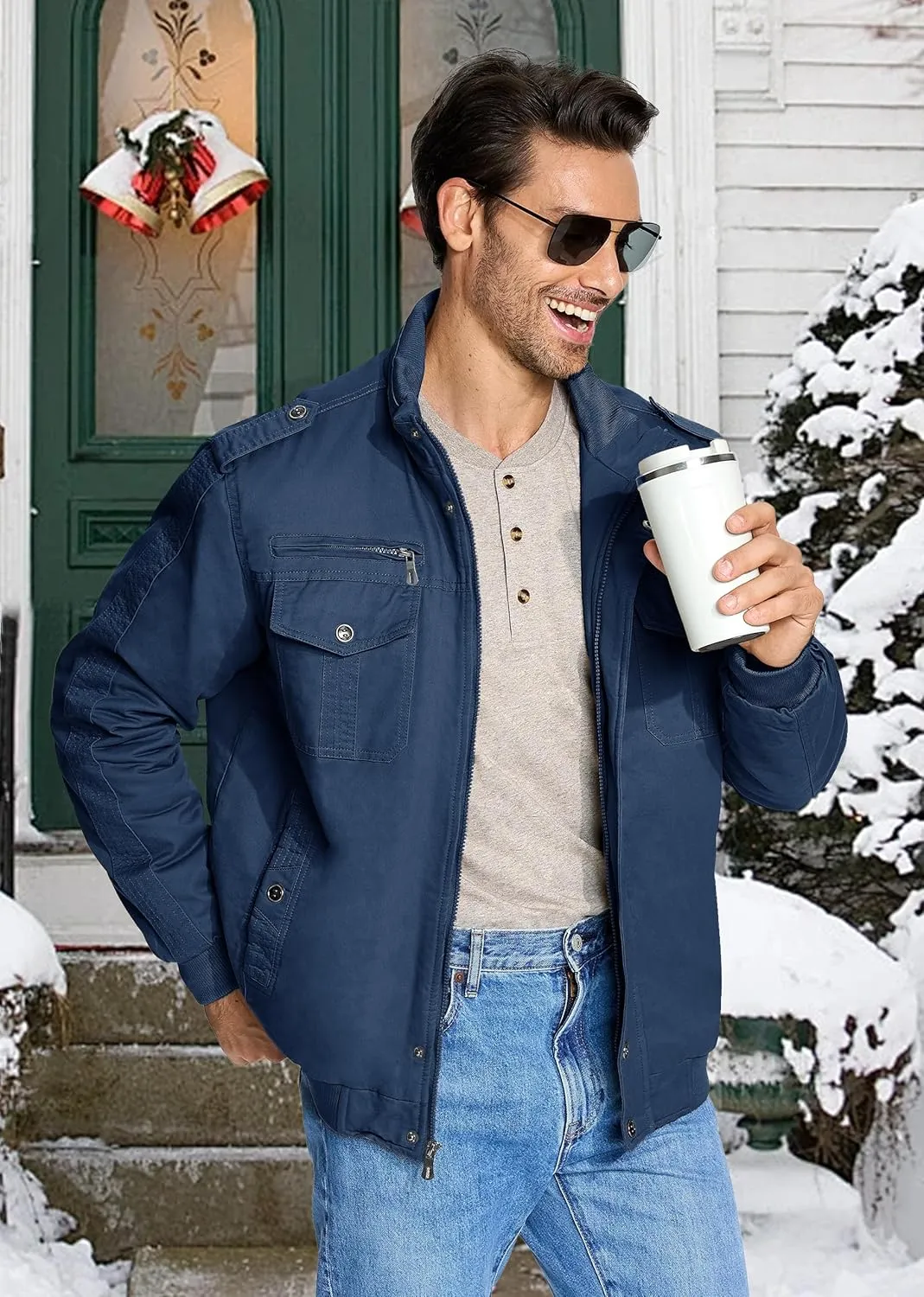 EKLENTSON Men's Thick Thermal Winter Jacket with Multi Pockets Zip Front Fleece Lined Military Jacket for Men