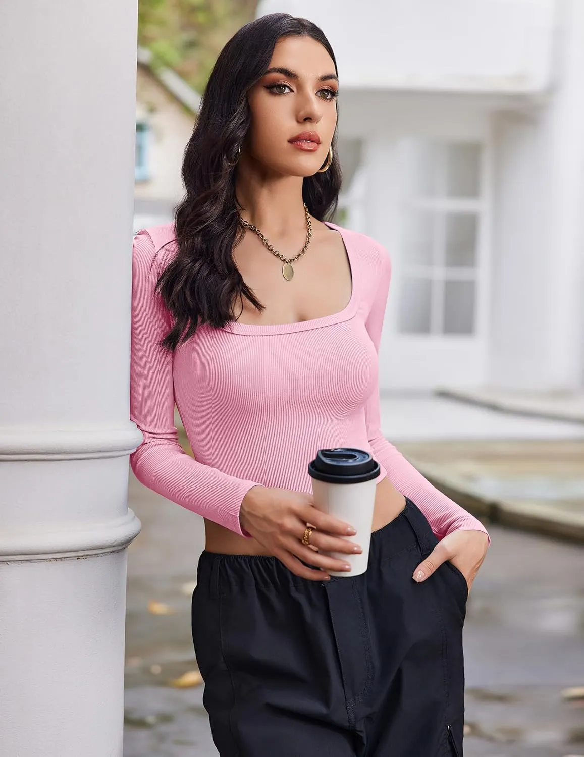 Ekouaer Womens 3 Pack Long Sleeve Crop Tops Square Neck Ribbed Slim Fitted Base Layer Basic Shirt Thermal Undershirts XS-XXL
