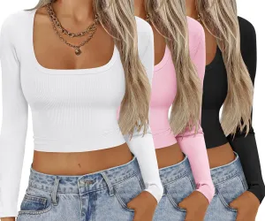 Ekouaer Womens 3 Pack Long Sleeve Crop Tops Square Neck Ribbed Slim Fitted Base Layer Basic Shirt Thermal Undershirts XS-XXL