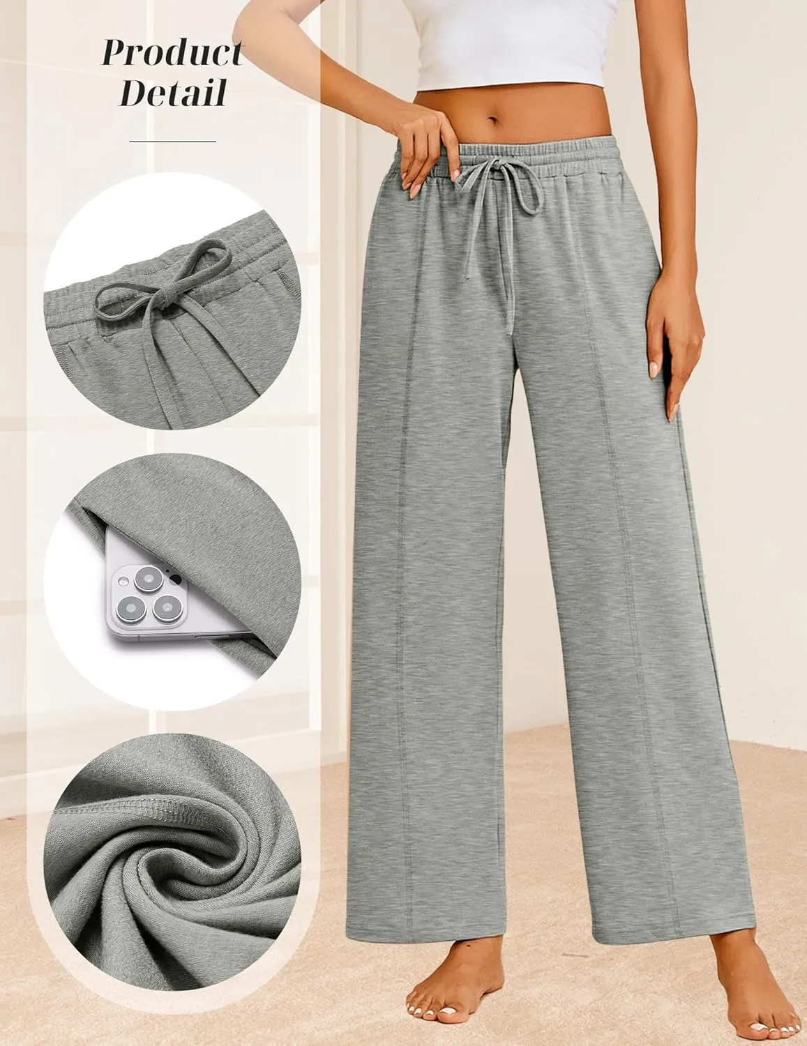 Ekouaer Women's Wide Leg Yoga Pants Elastic Waist Sweatpants Drawstring Pajama Bottoms Comfy Lounge Pants with Pockets