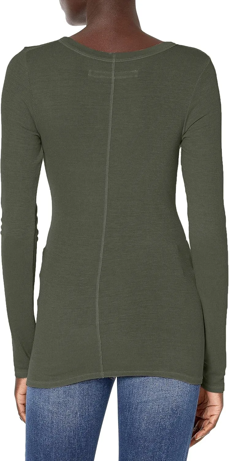 Enza Costa Womens Stretch Silk Rib Fitted Long Sleeve Crew Neck Top