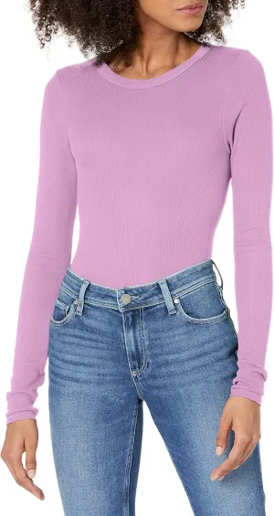 Enza Costa Womens Stretch Silk Rib Fitted Long Sleeve Crew Neck Top